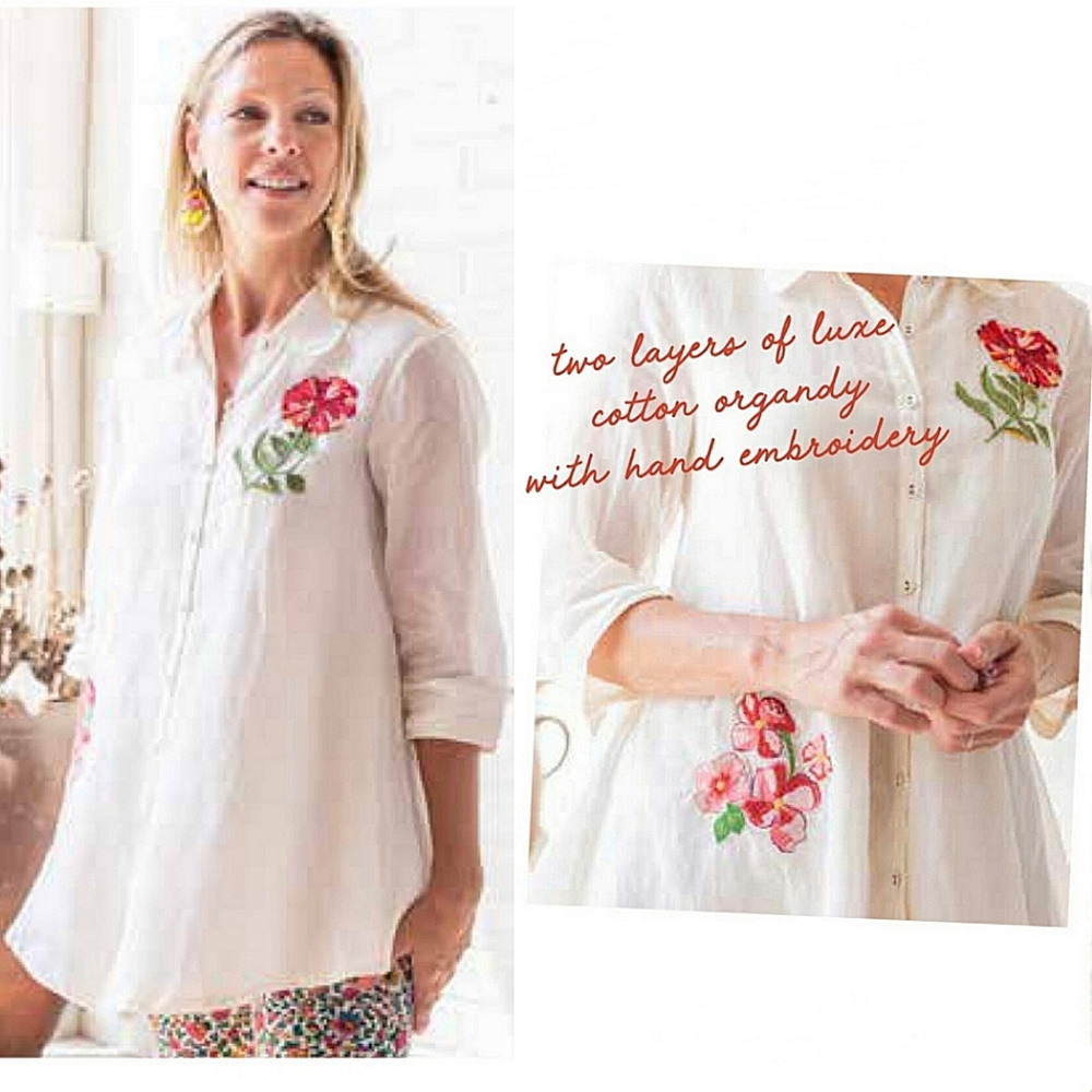 April Cornell artful blossoms tunic cotton hand embroidery rose flower ecru XS